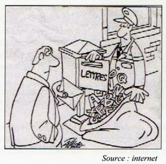 Dessin humoristique : le facteur fait la levée des lettres alphabétiques.
